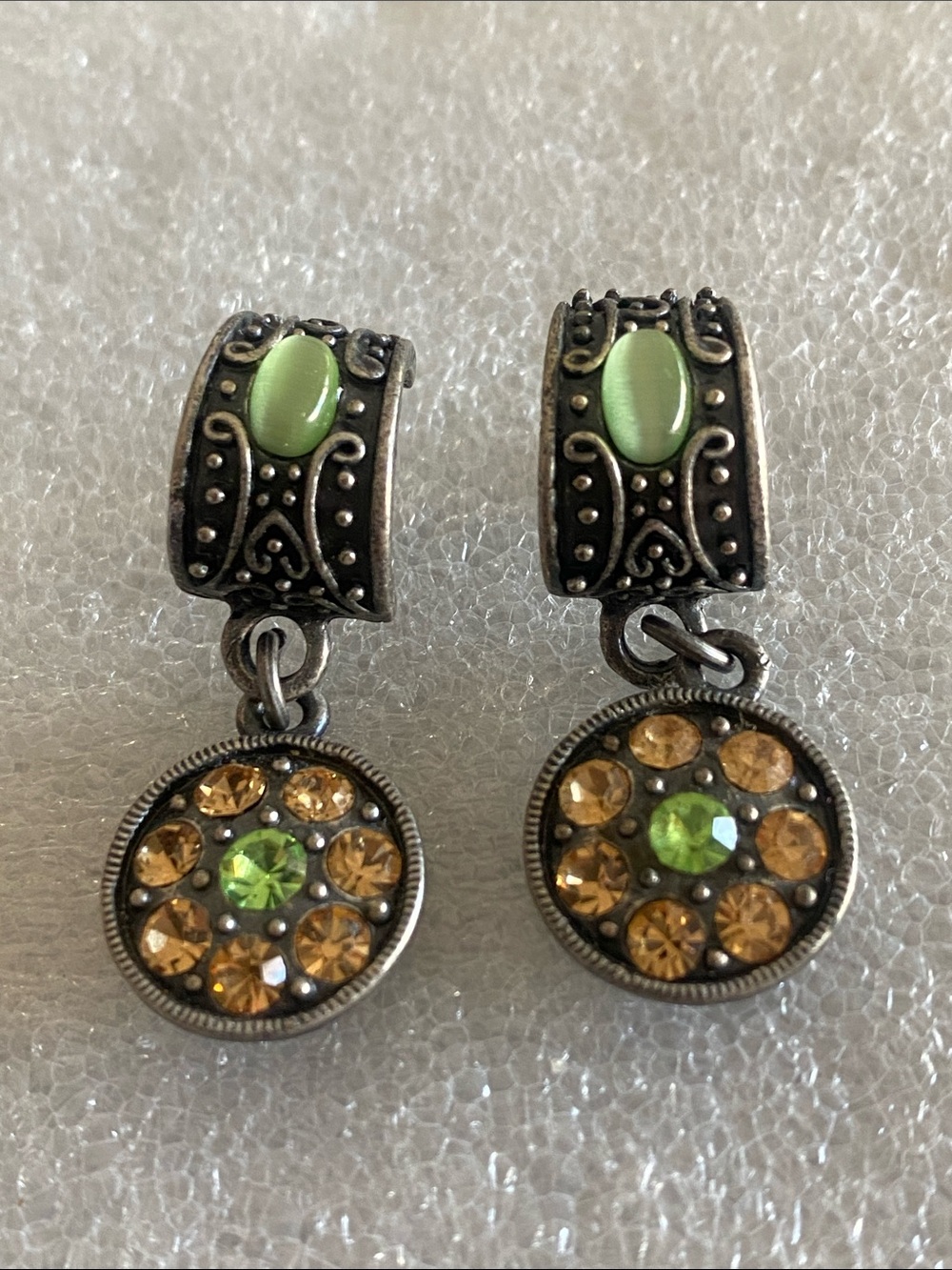 Vintage-Inspired Silver Drop Earrings with Green and Amber Stones